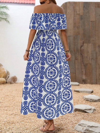 Breezaya Plants Print Off Shoulder Split Thigh Dress For Summer Vacation Maxi Vacation Beach Outfits Women