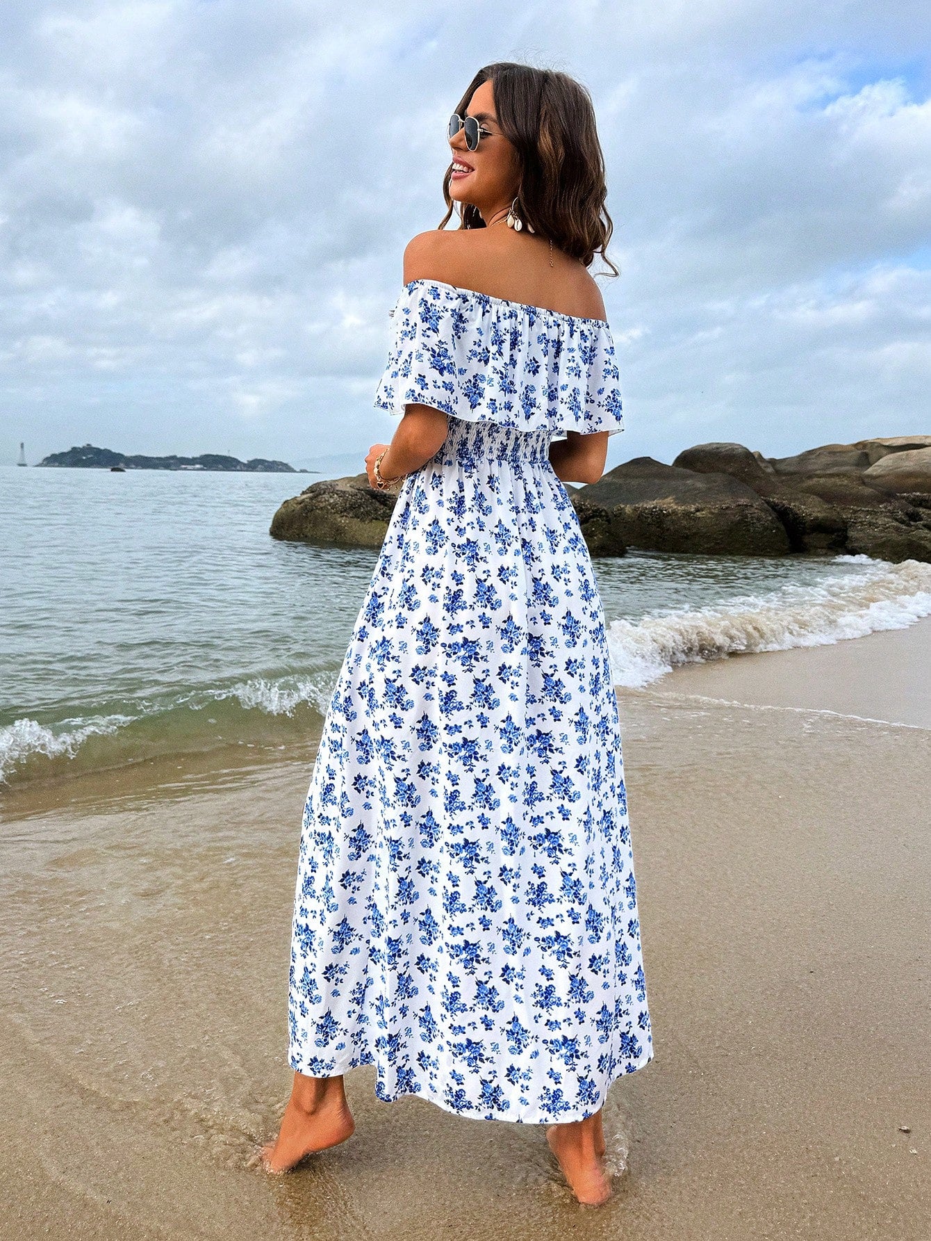 Breezaya Plants Print Off Shoulder Split Thigh Dress For Summer Vacation Maxi Vacation Beach Outfits Women
