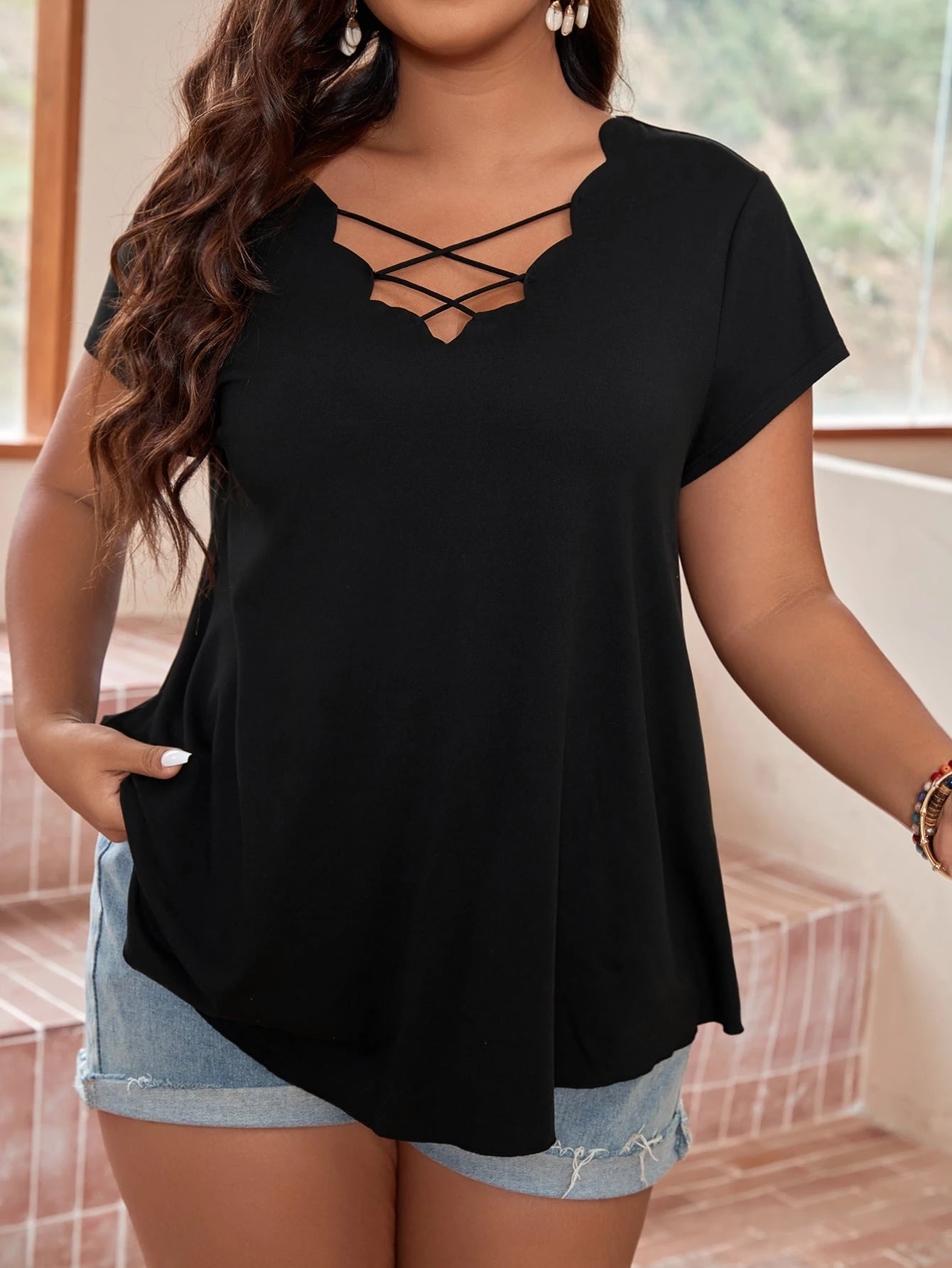 Breezaya Plus Scallop Trim Criss Cross T-shirt