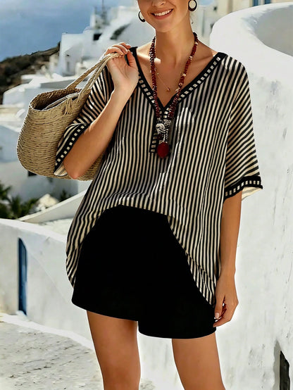 Breezaya Plus Size Casual Vacation Striped Print V-Neck Dropped Shoulder Short Sleeve Loose Shirt Beach Cover-Up Women's Summer Striped Top