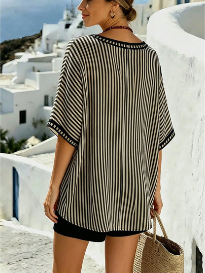 Breezaya Plus Size Casual Vacation Striped Print V-Neck Dropped Shoulder Short Sleeve Loose Shirt Beach Cover-Up Women's Summer Striped Top