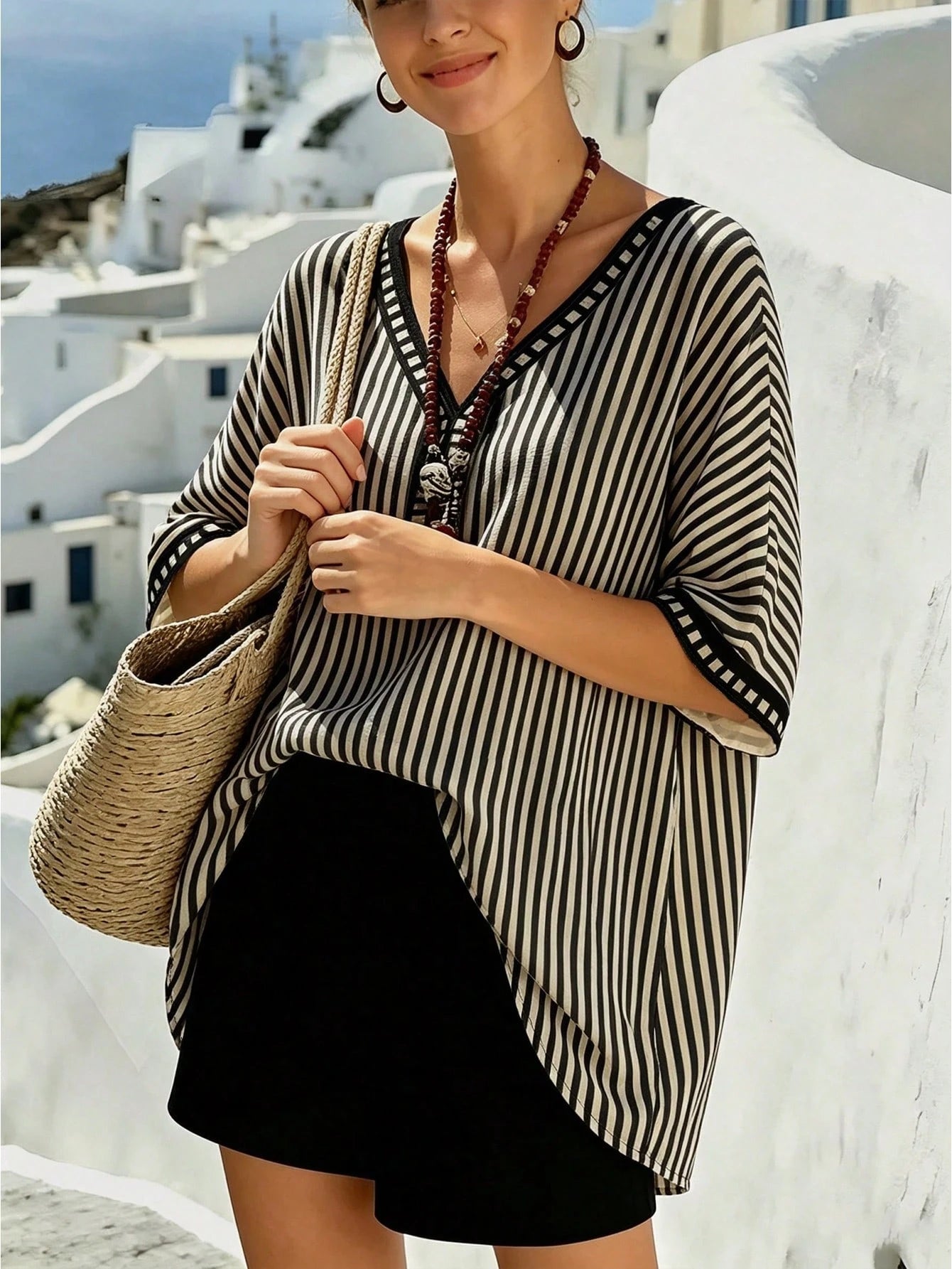 Breezaya Plus Size Casual Vacation Striped Print V-Neck Dropped Shoulder Short Sleeve Loose Shirt Beach Cover-Up Women's Summer Striped Top