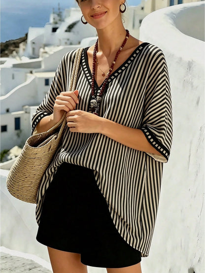 Breezaya Plus Size Casual Vacation Striped Print V-Neck Dropped Shoulder Short Sleeve Loose Shirt Beach Cover-Up Women's Summer Striped Top