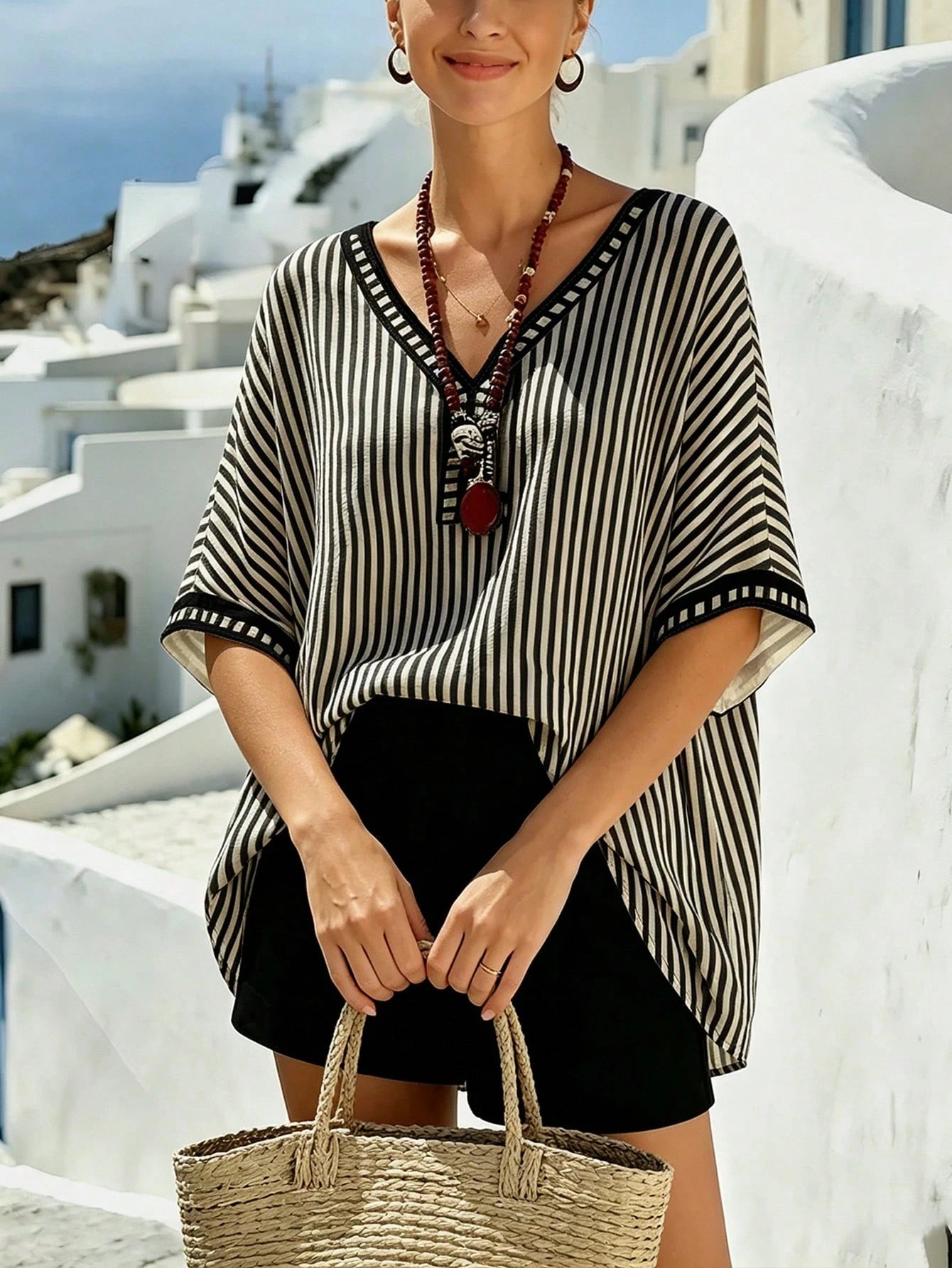 Breezaya Plus Size Casual Vacation Striped Print V-Neck Dropped Shoulder Short Sleeve Loose Shirt Beach Cover-Up Women's Summer Striped Top