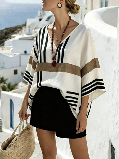 Breezaya Plus Size Casual Vacation Striped Print V-Neck Dropped Shoulder Short Sleeve Loose Shirt Beach Cover-Up Women's Summer Striped Top