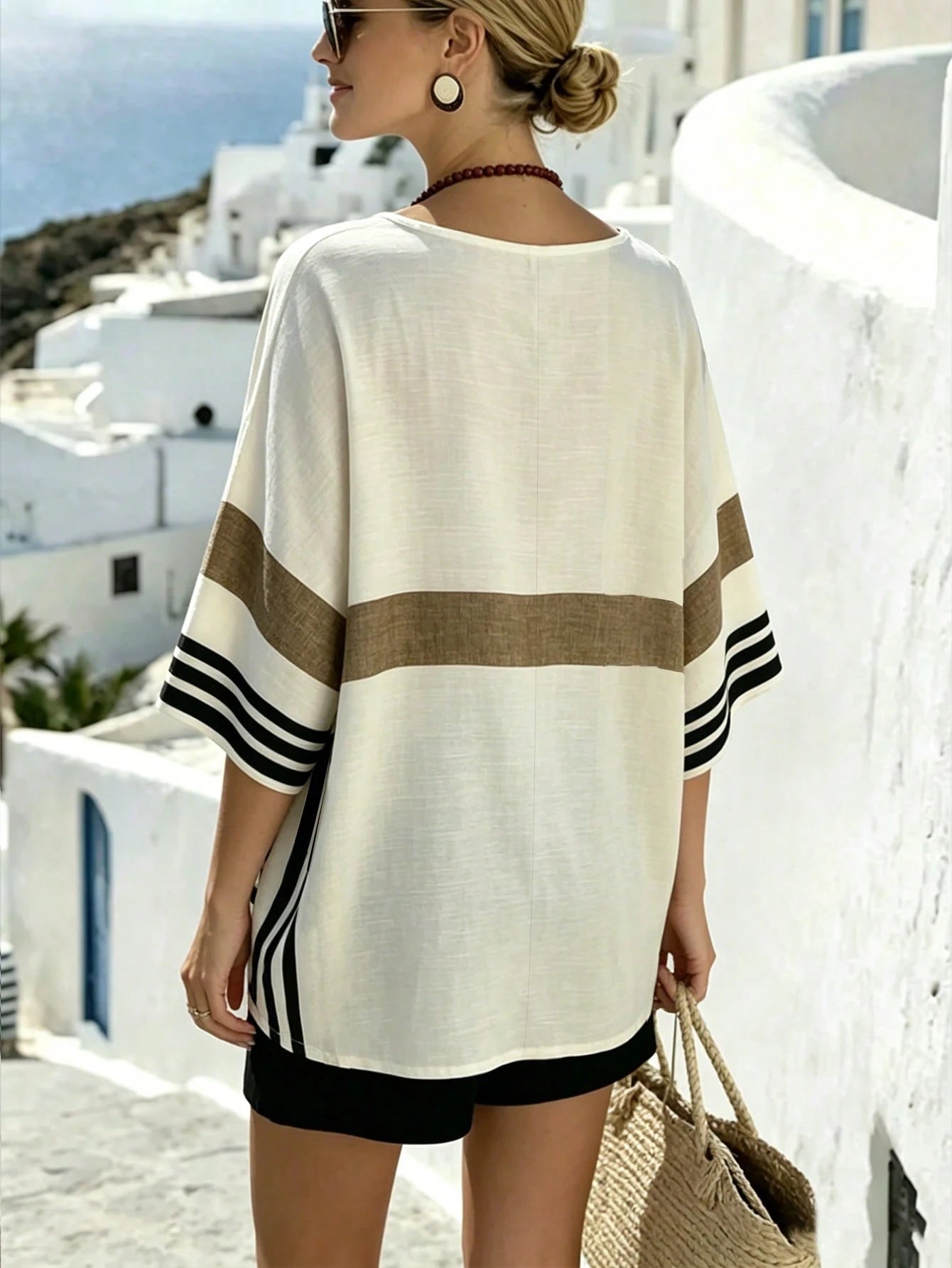 Breezaya Plus Size Casual Vacation Striped Print V-Neck Dropped Shoulder Short Sleeve Loose Shirt Beach Cover-Up Women's Summer Striped Top