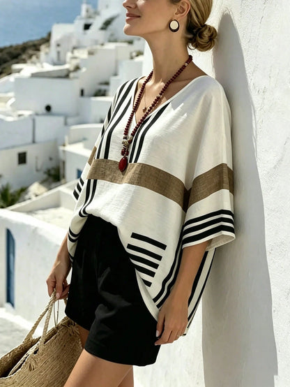 Breezaya Plus Size Casual Vacation Striped Print V-Neck Dropped Shoulder Short Sleeve Loose Shirt Beach Cover-Up Women's Summer Striped Top