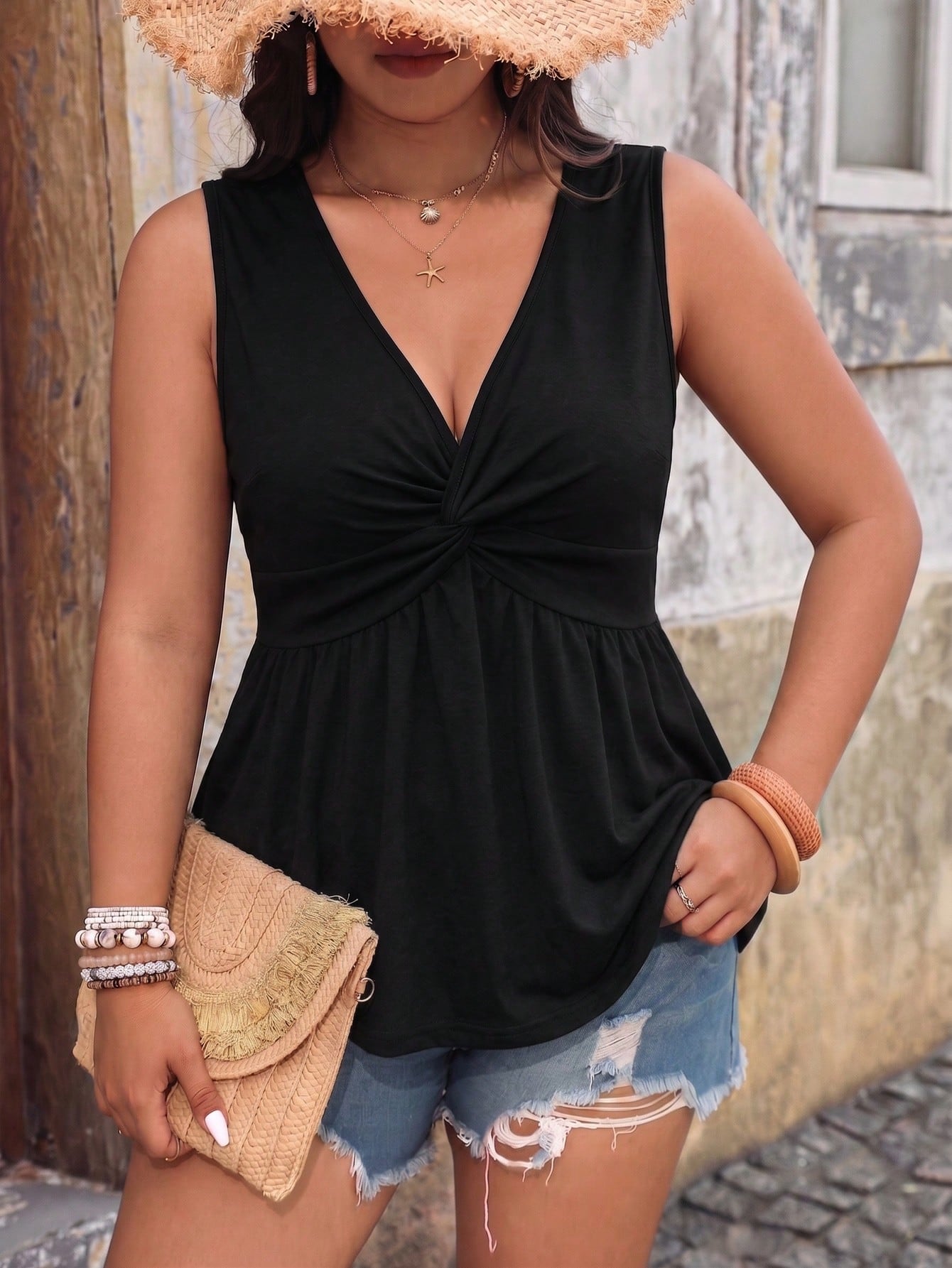 Breezaya Plus Size Sleeveless Casual Business Casual V-Neck Twist Knot Solid Color Tank Top Vacation Black Summer