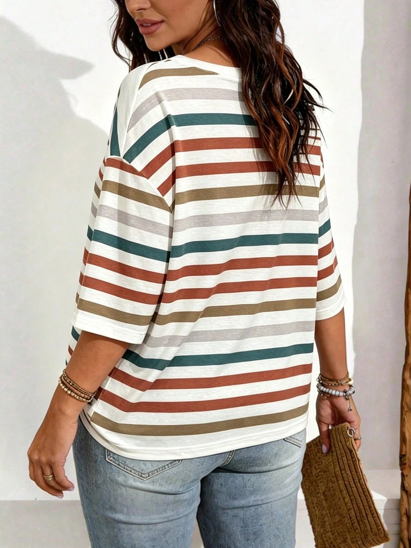 Breezaya Plus Size Women Casual Vintage Stripe Print Drop Shoulder T-Shirt, Suitable For Summer Wear