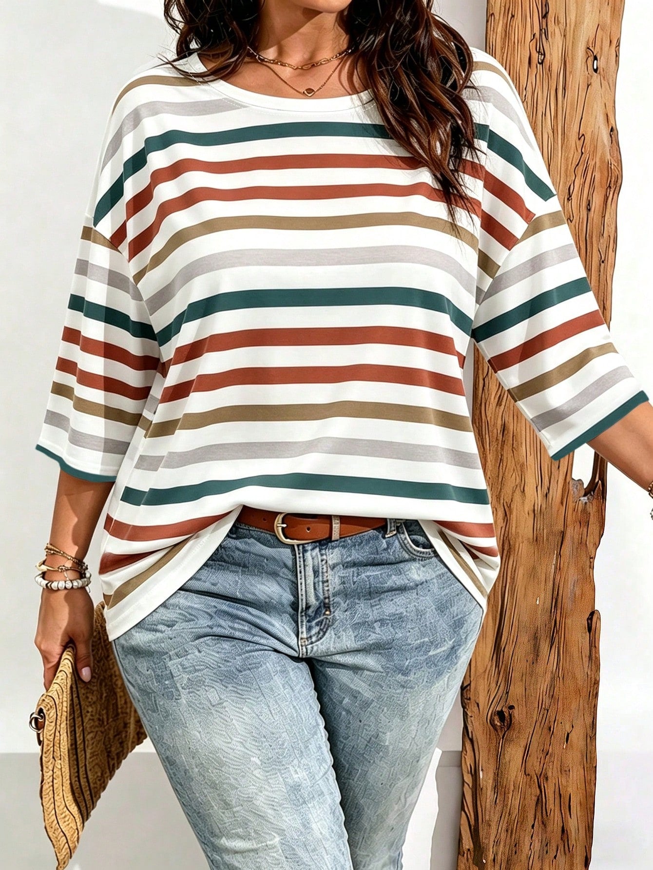 Breezaya Plus Size Women Casual Vintage Stripe Print Drop Shoulder T-Shirt, Suitable For Summer Wear