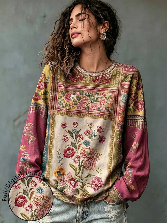 Breezaya Plus Size Women's Casual Vintage Floral Print Round Neck Long Sleeve T-Shirt, Women's Top, Suitable For Daily Wear Fall