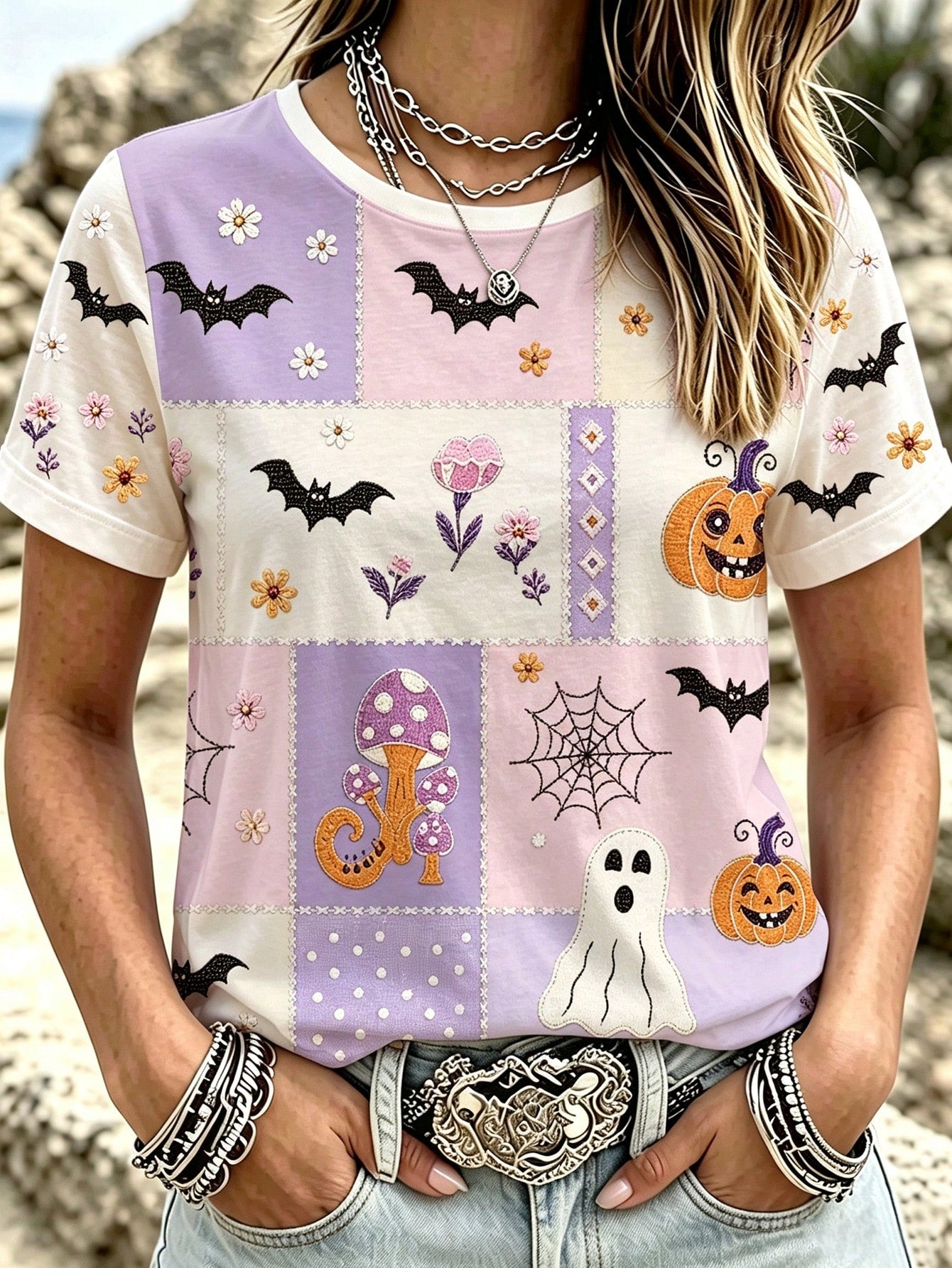 Breezaya Plus Size Women's Halloween Print Crew Neck T-Shirt Casual Short-Sleeve Summer Top