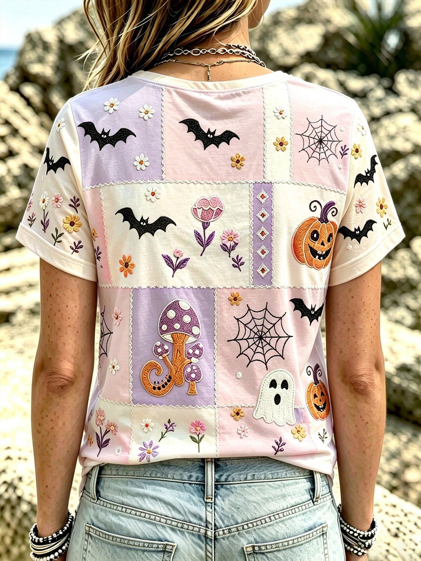 Breezaya Plus Size Women's Halloween Print Crew Neck T-Shirt Casual Short-Sleeve Summer Top