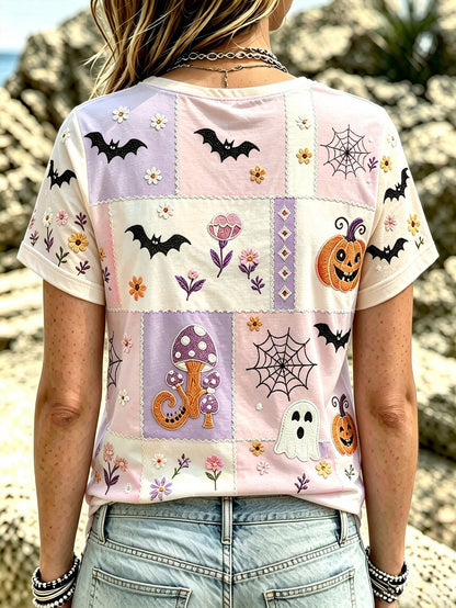 Breezaya Plus Size Women's Halloween Print Crew Neck T-Shirt Casual Short-Sleeve Summer Top
