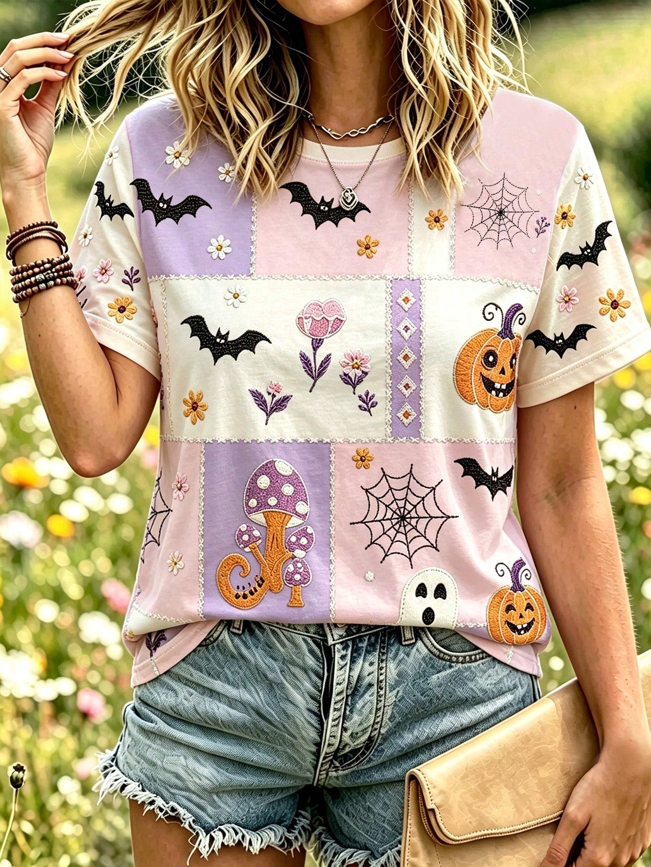 Breezaya Plus Size Women's Halloween Print Crew Neck T-Shirt Casual Short-Sleeve Summer Top