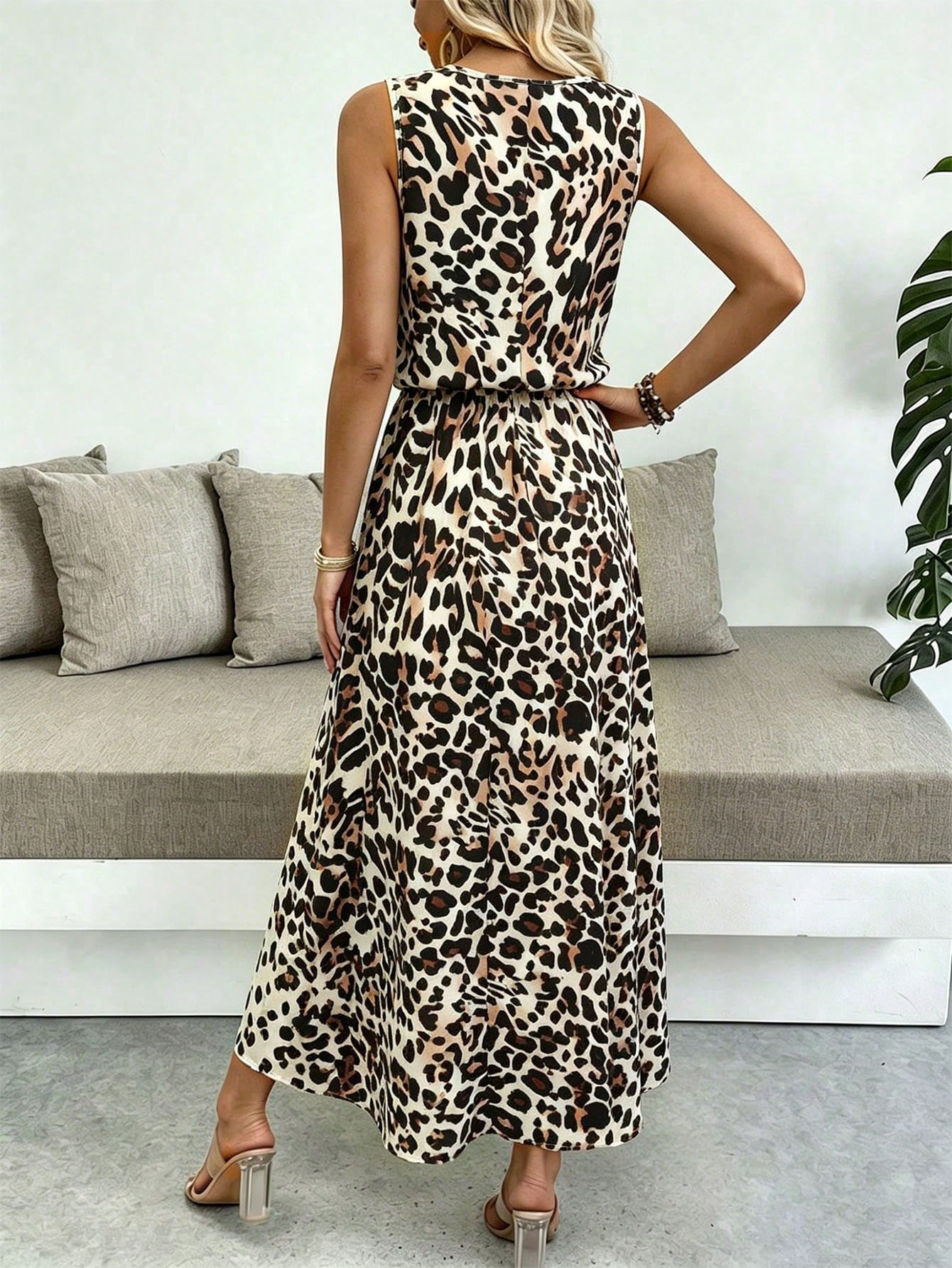 Breezaya Sleeveless Round Neck Solid Color Casual & Commute Dress With Cinched Waist And Split Hem For Women Maxi Women Outfit