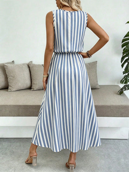 Breezaya Sleeveless Round Neck Solid Color Casual & Commute Dress With Cinched Waist And Split Hem For Women Maxi Women Outfit