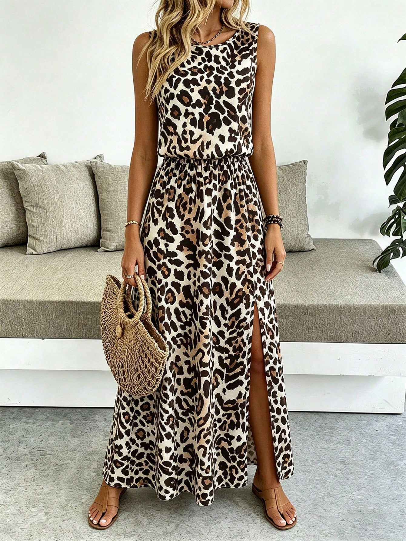 Breezaya Sleeveless Round Neck Solid Color Casual & Commute Dress With Cinched Waist And Split Hem For Women Maxi Women Outfit