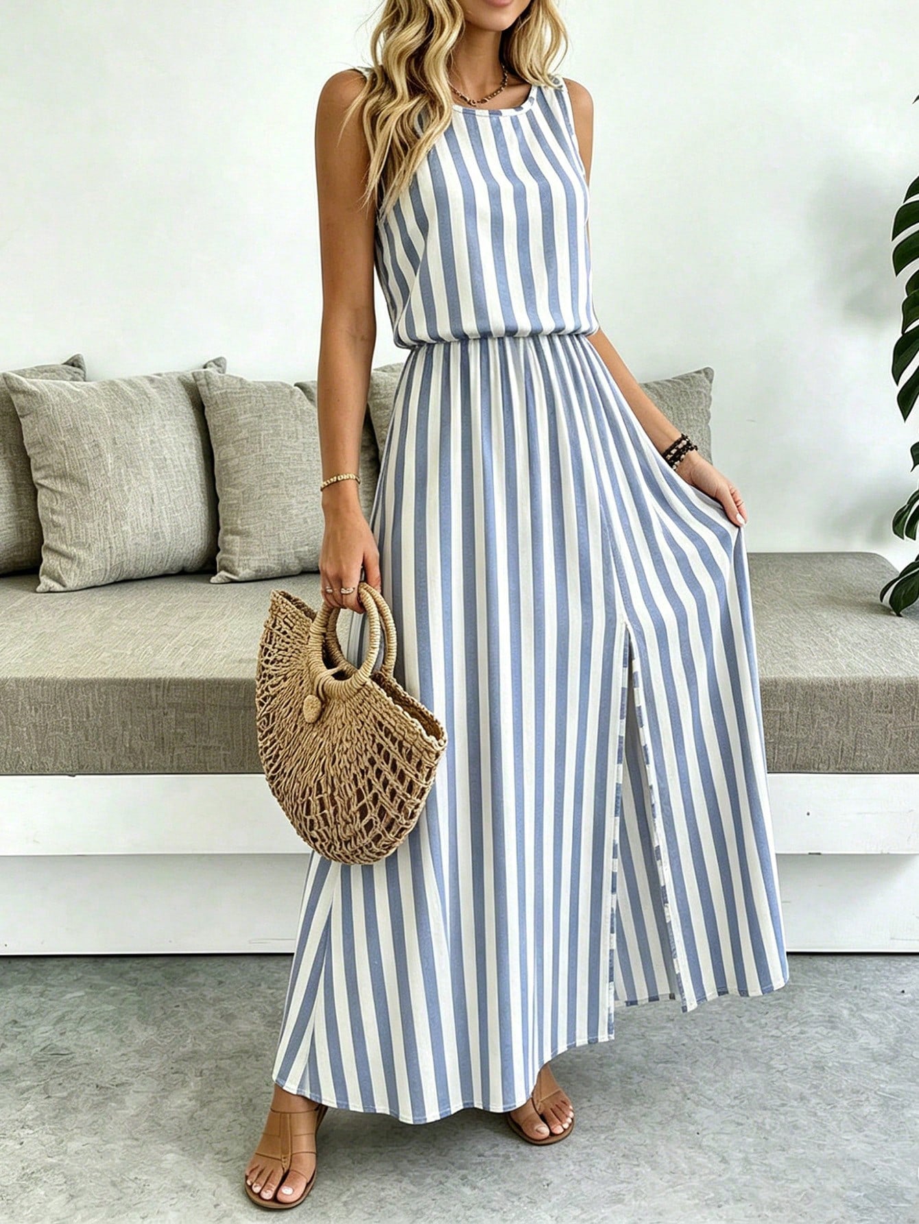 Breezaya Sleeveless Round Neck Solid Color Casual & Commute Dress With Cinched Waist And Split Hem For Women Maxi Women Outfit
