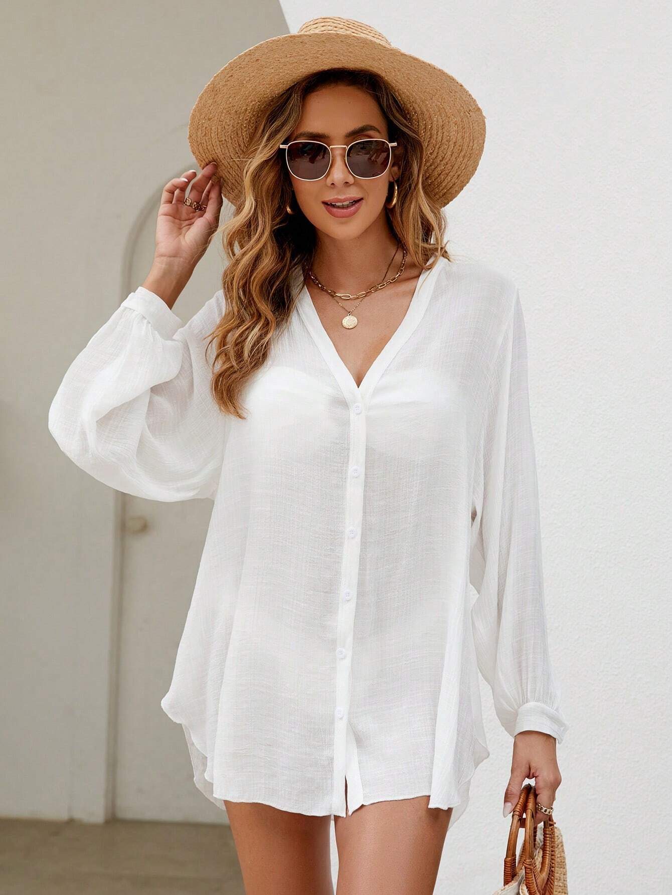 Breezaya Summer Beach Solid Button Front Kimono