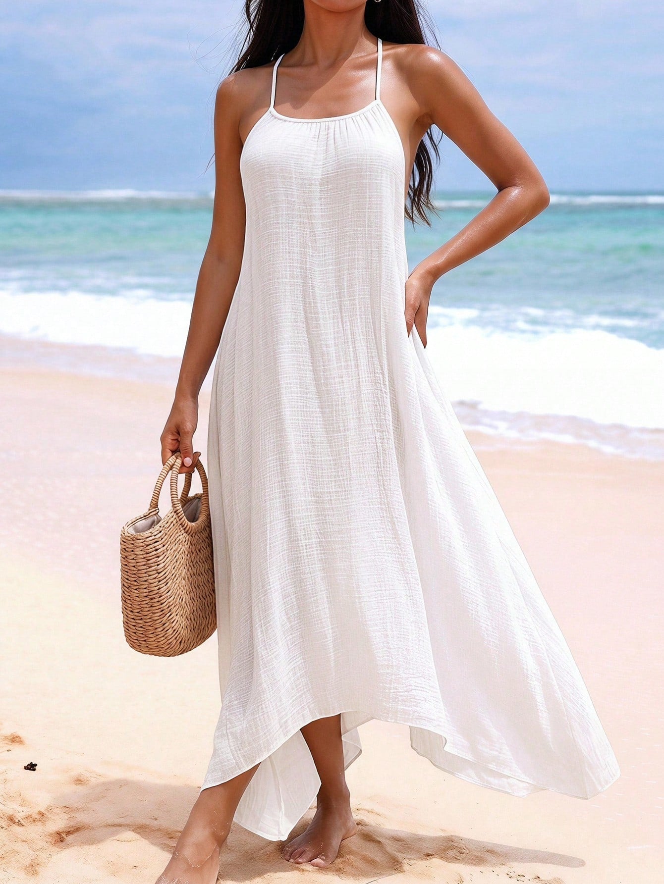 Breezaya Summer Beach Solid Color Backless Halter Neck Extra-Long Cover-Up Dress Vacation White