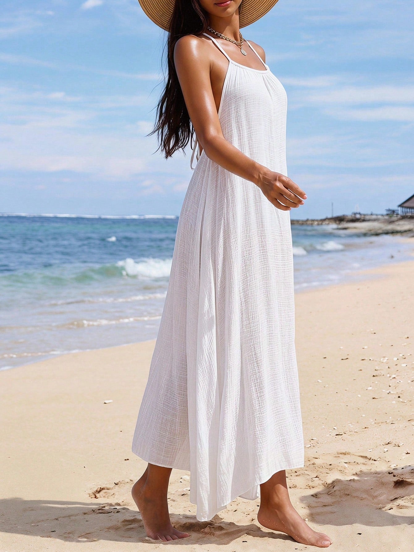 Breezaya Summer Beach Solid Color Backless Halter Neck Extra-Long Cover-Up Dress Vacation White