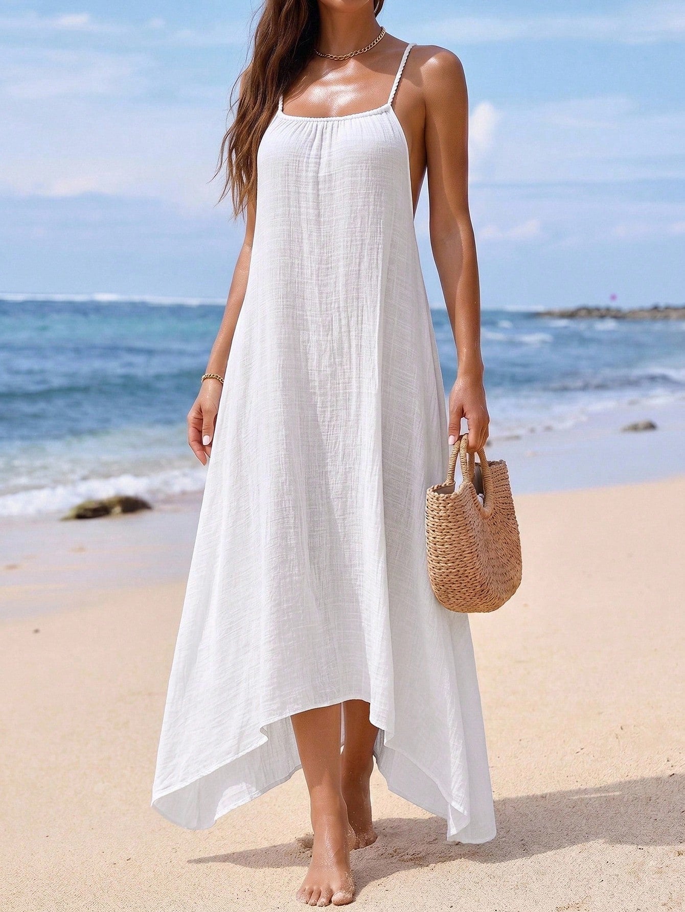 Breezaya Summer Beach Solid Color Backless Halter Neck Extra-Long Cover-Up Dress Vacation White