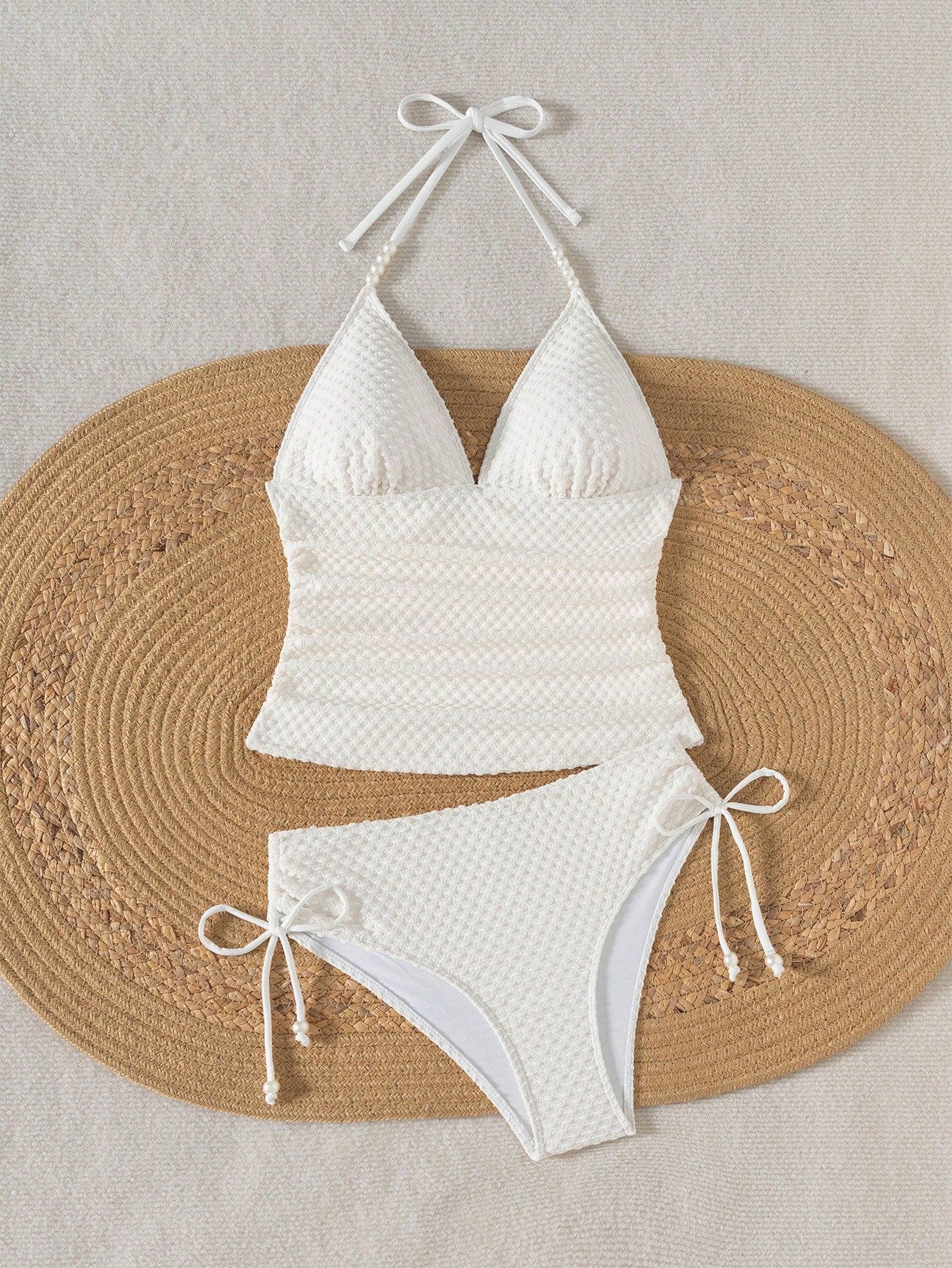 Breezaya Summer Solid Color Knitted Jacquard Beaded Drawstring Women Casual Spaghetti Strap Tankini Top