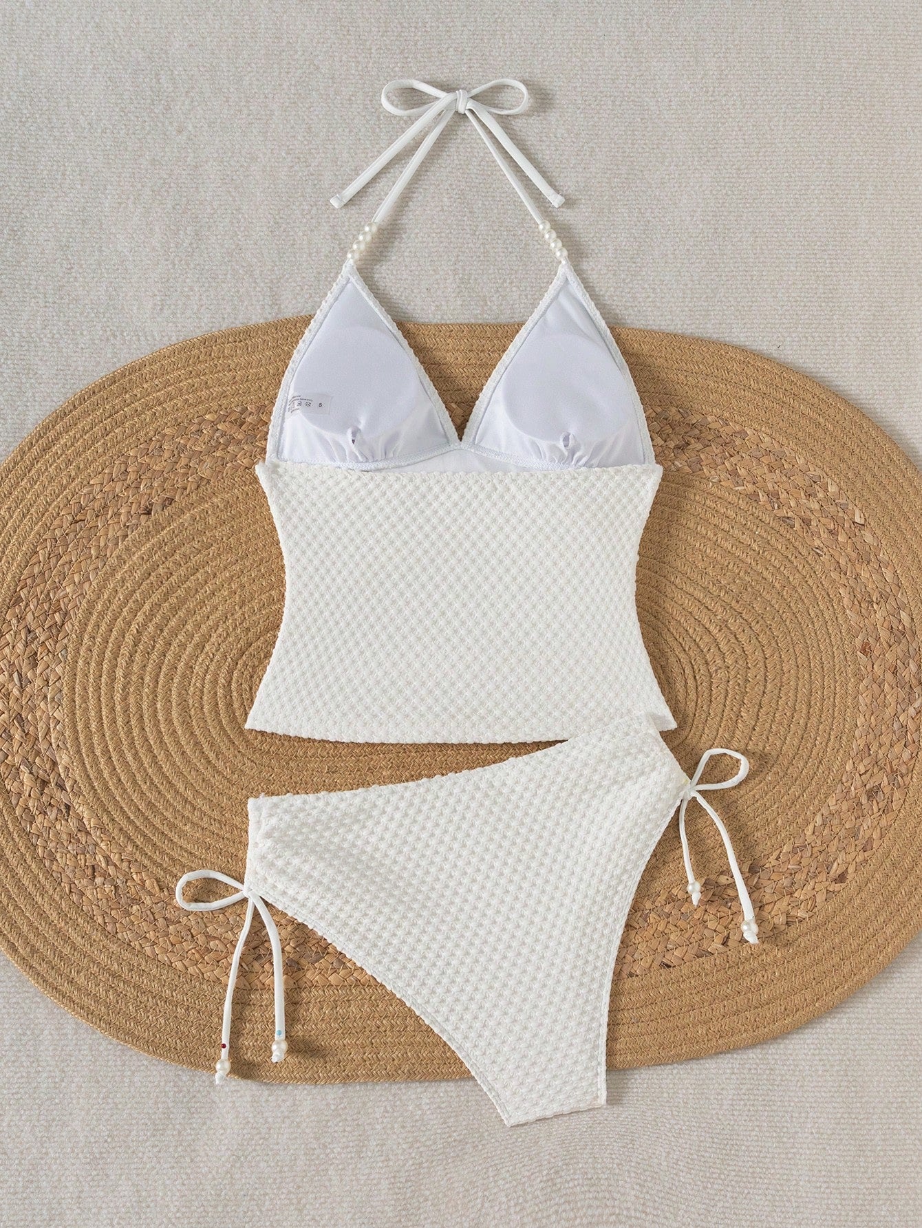 Breezaya Summer Solid Color Knitted Jacquard Beaded Drawstring Women Casual Spaghetti Strap Tankini Top