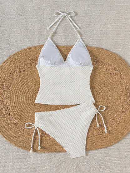 Breezaya Summer Solid Color Knitted Jacquard Beaded Drawstring Women Casual Spaghetti Strap Tankini Top