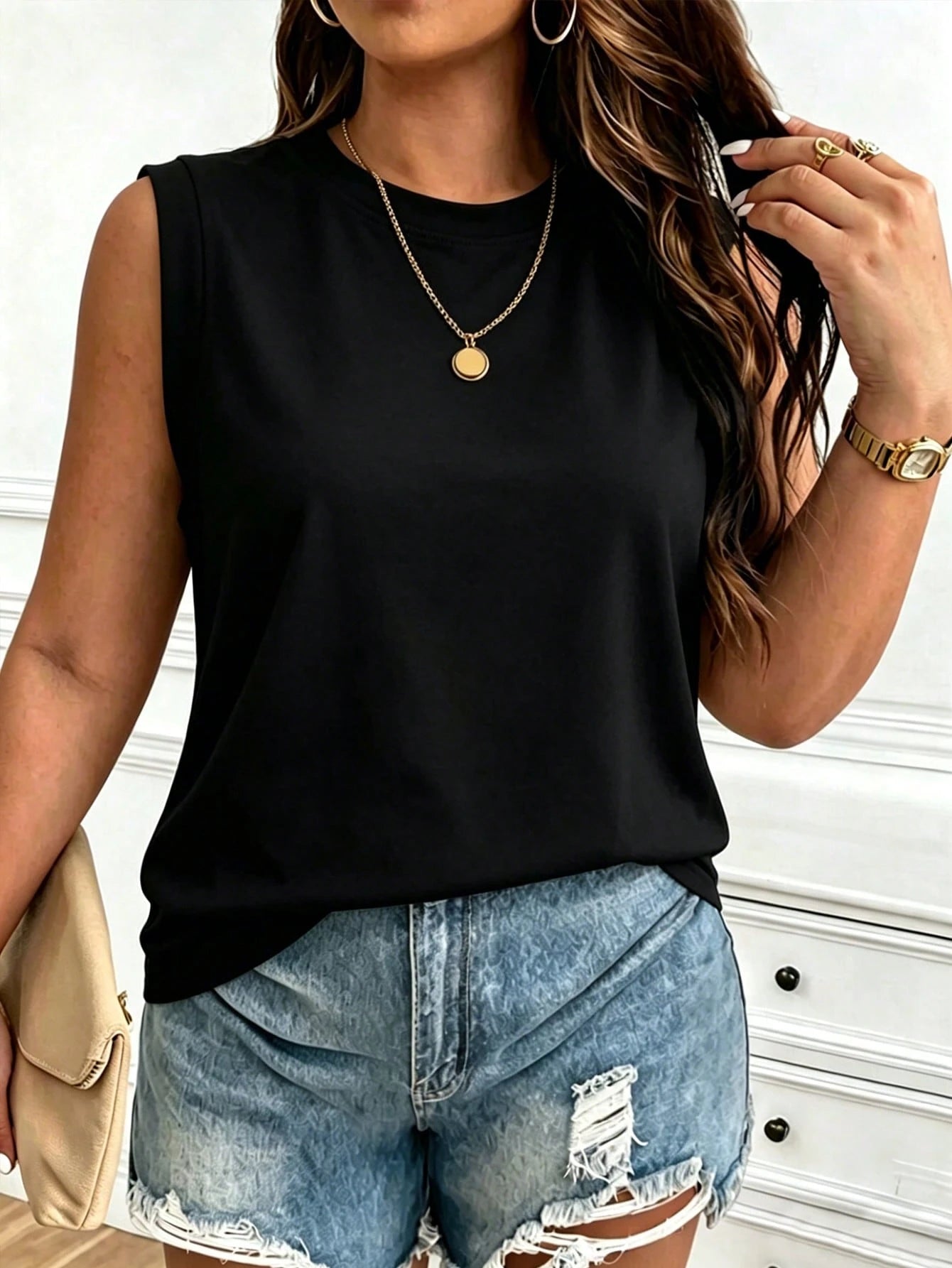 Breezaya Women's Casual Plus Size Sleeveless Round Neck Wide Shoulder Top