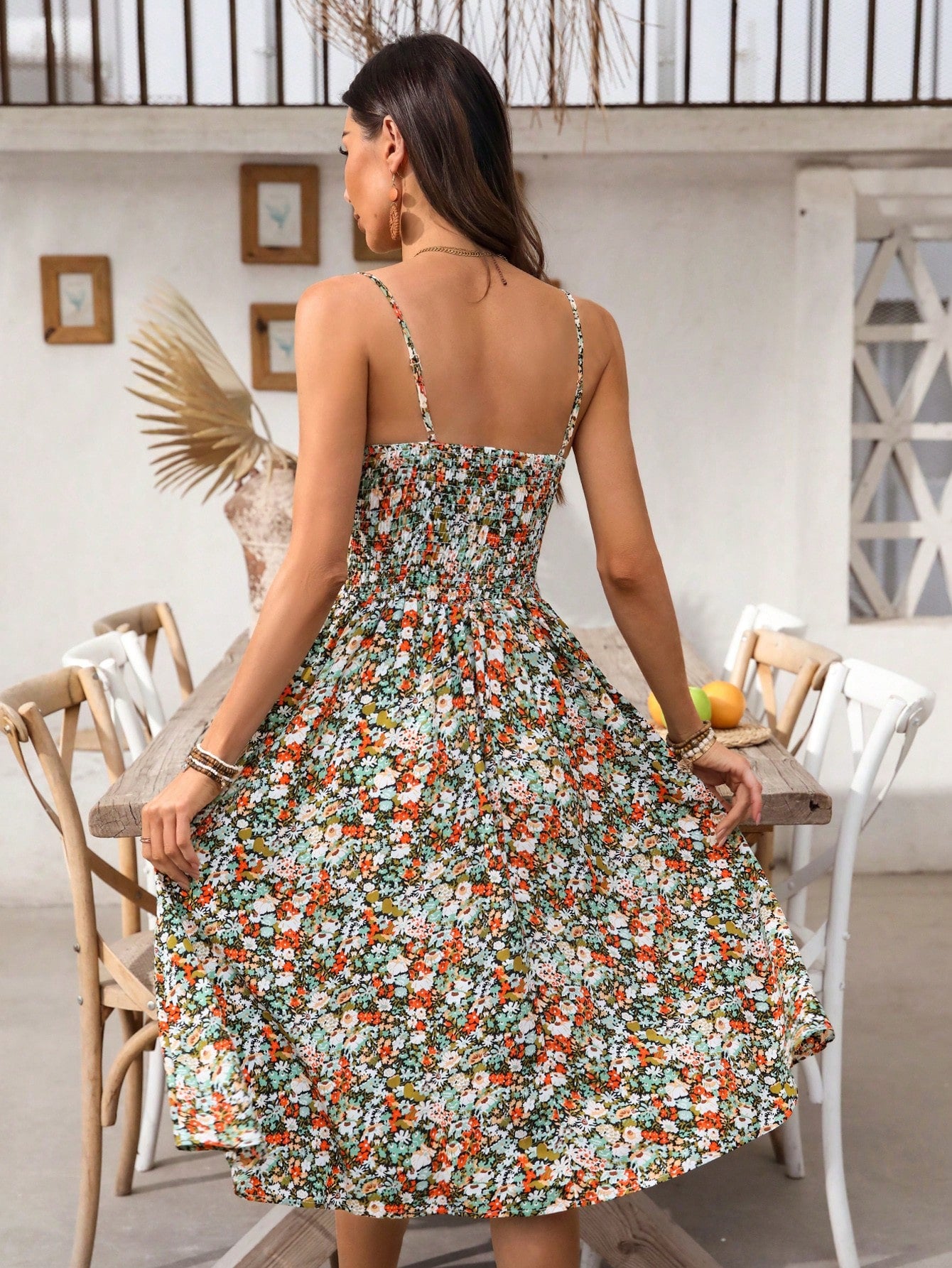 Breezaya Women's Ditsy Floral Long Dress, Spaghetti Strap, Figure-Flattering, Fashionable For Party, Date, Open Back Design, Retro Style
