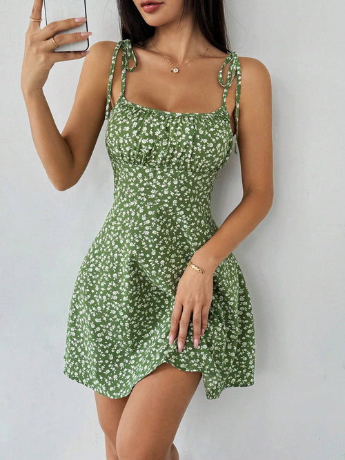 Breezaya Women's Ditsy Floral Ruched Bust Tie-Front Crop Cami Mini Dress