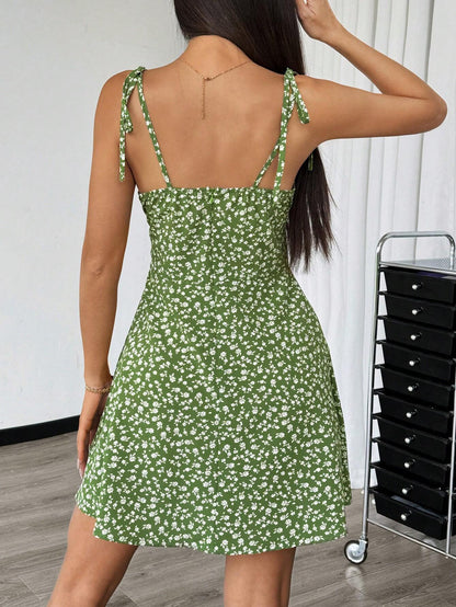 Breezaya Women's Ditsy Floral Ruched Bust Tie-Front Crop Cami Mini Dress