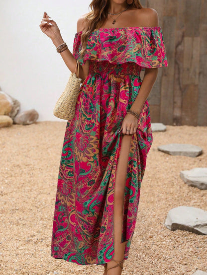 Breezaya Women's Flora Print Off Shoulder High-Low Hem Dress With Ruffle Trim Maxi Vacation Beach Outfit