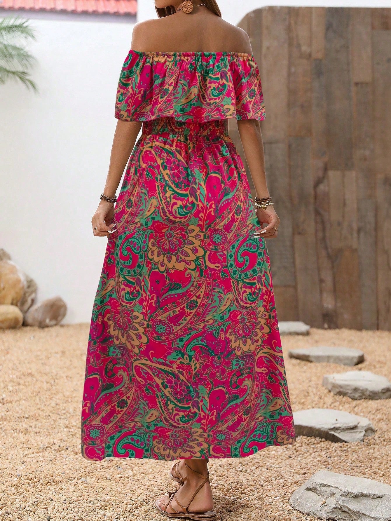 Breezaya Women's Flora Print Off Shoulder High-Low Hem Dress With Ruffle Trim Maxi Vacation Beach Outfit