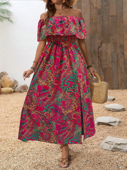 Breezaya Women's Flora Print Off Shoulder High-Low Hem Dress With Ruffle Trim Maxi Vacation Beach Outfit
