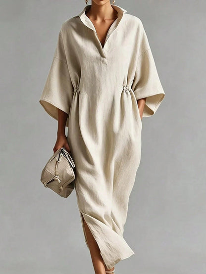 Breezaya Women's Linen Blend Lapel Half-Button Casual Versatile Slimming Tall-Looking Slit Slouchy Dress, Flattering Commute Date Vacation Vibe Long Dress