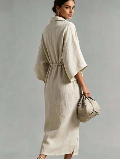 Breezaya Women's Linen Blend Lapel Half-Button Casual Versatile Slimming Tall-Looking Slit Slouchy Dress, Flattering Commute Date Vacation Vibe Long Dress