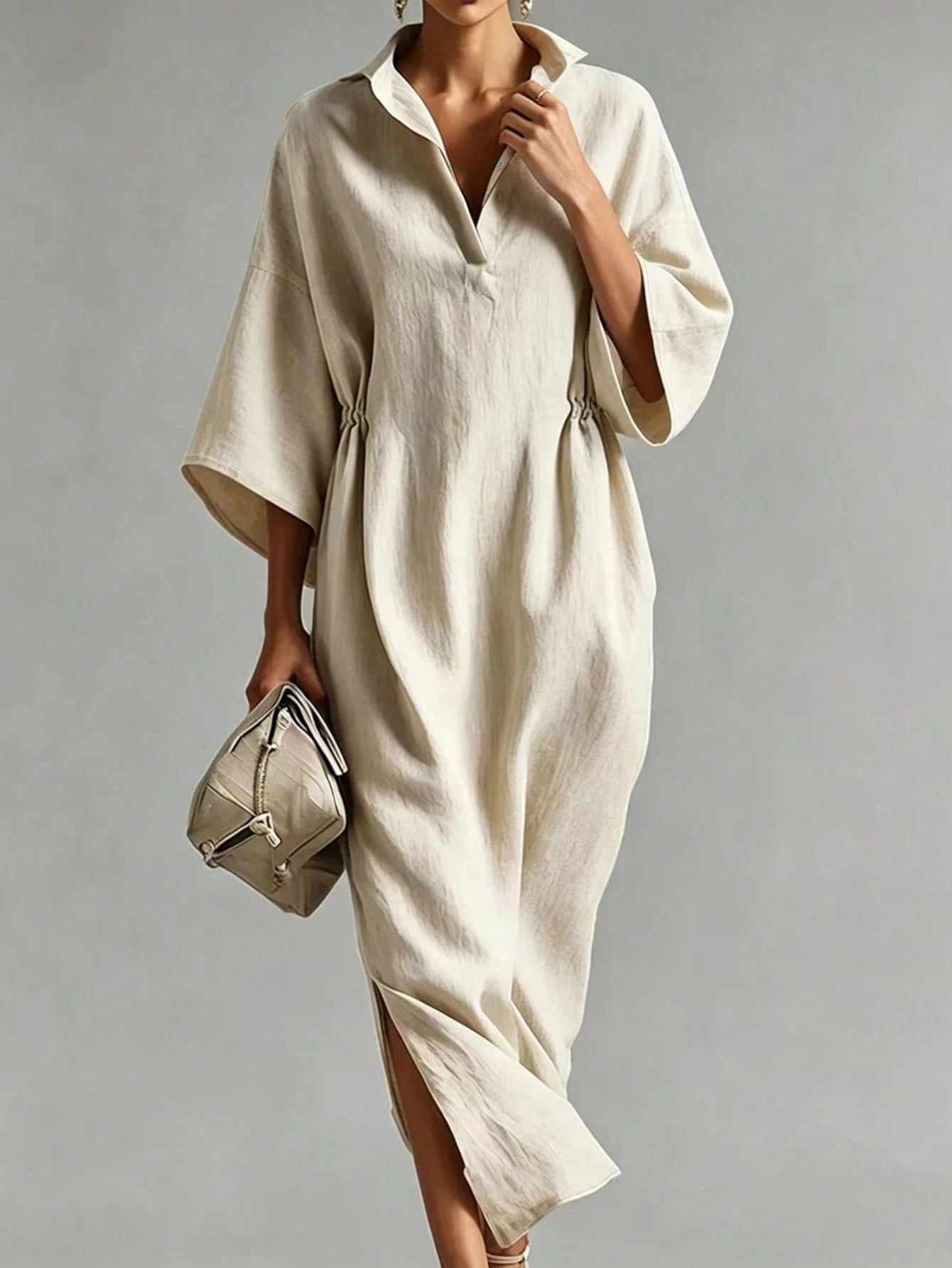 Breezaya Women's Linen Blend Lapel Half-Button Casual Versatile Slimming Tall-Looking Slit Slouchy Dress, Flattering Commute Date Vacation Vibe Long Dress