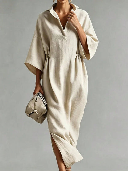 Breezaya Women's Linen Blend Lapel Half-Button Casual Versatile Slimming Tall-Looking Slit Slouchy Dress, Flattering Commute Date Vacation Vibe Long Dress