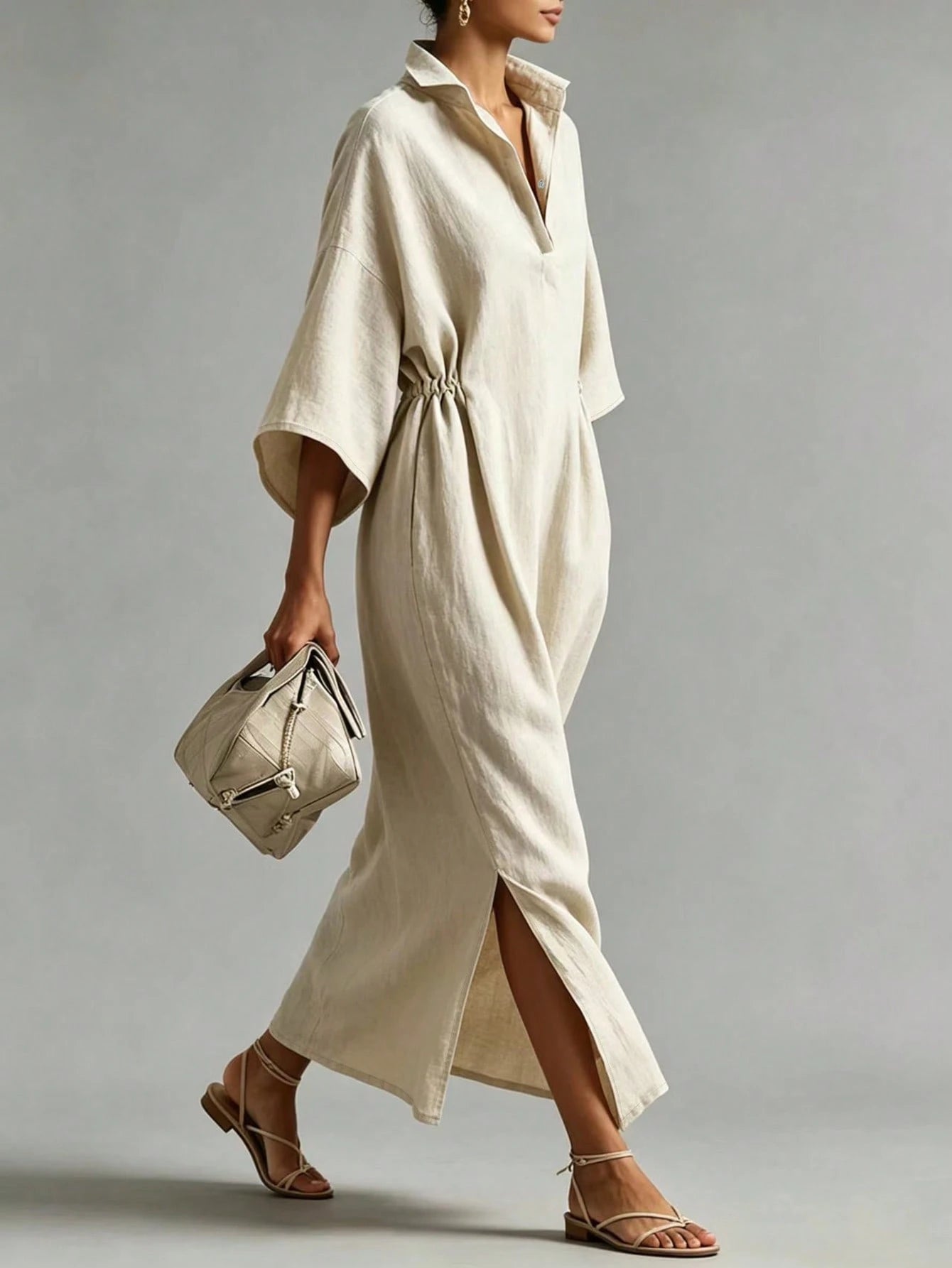 Breezaya Women's Linen Blend Lapel Half-Button Casual Versatile Slimming Tall-Looking Slit Slouchy Dress, Flattering Commute Date Vacation Vibe Long Dress
