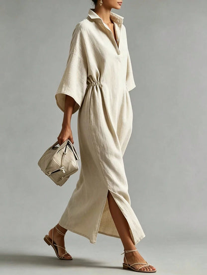 Breezaya Women's Linen Blend Lapel Half-Button Casual Versatile Slimming Tall-Looking Slit Slouchy Dress, Flattering Commute Date Vacation Vibe Long Dress