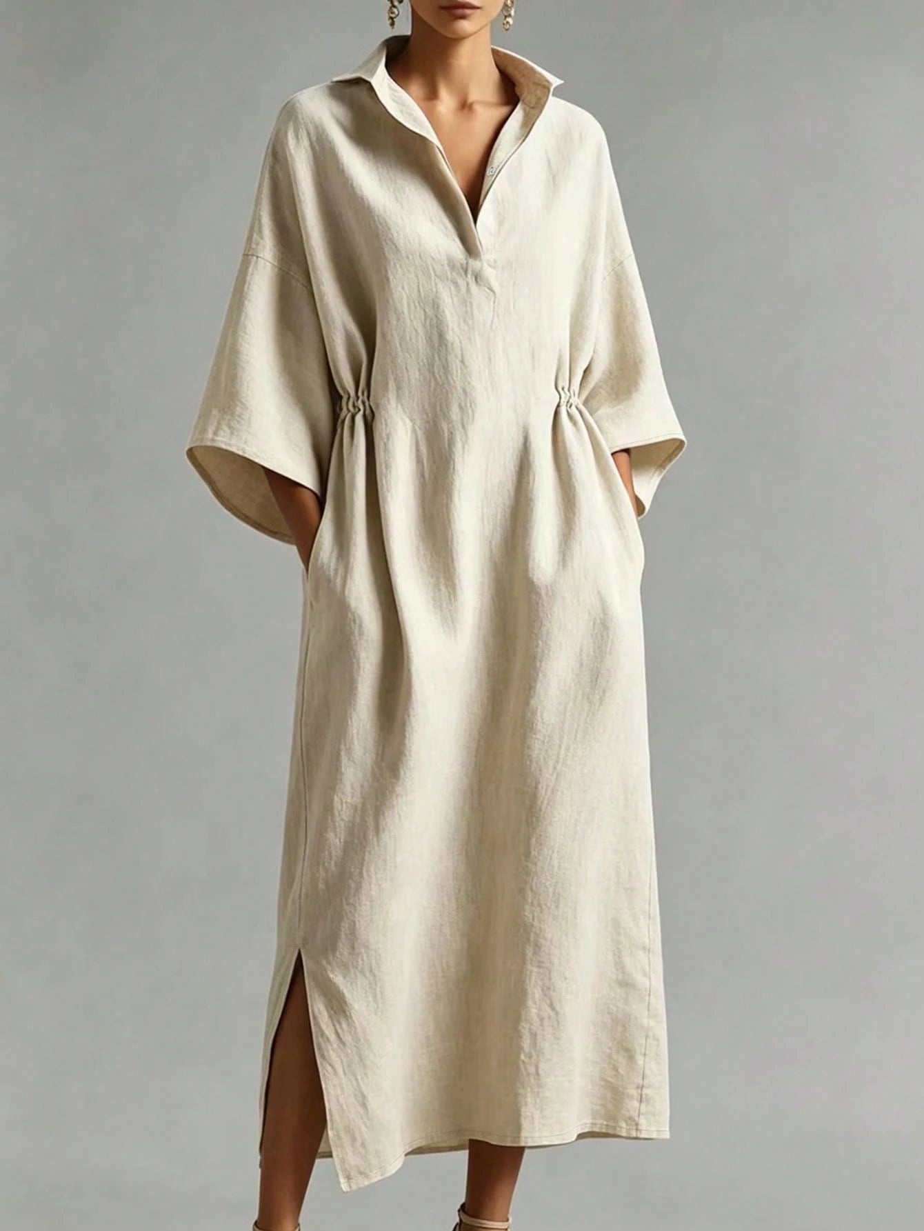 Breezaya Women's Linen Blend Lapel Half-Button Casual Versatile Slimming Tall-Looking Slit Slouchy Dress, Flattering Commute Date Vacation Vibe Long Dress