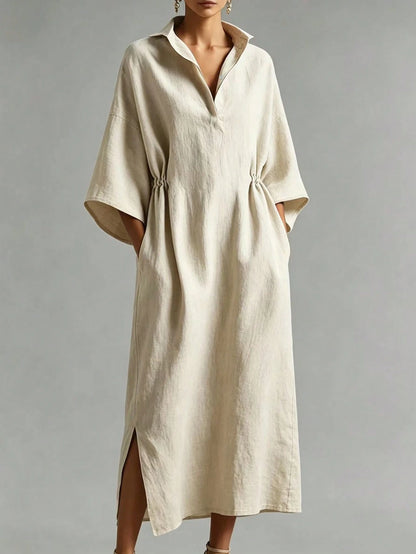 Breezaya Women's Linen Blend Lapel Half-Button Casual Versatile Slimming Tall-Looking Slit Slouchy Dress, Flattering Commute Date Vacation Vibe Long Dress