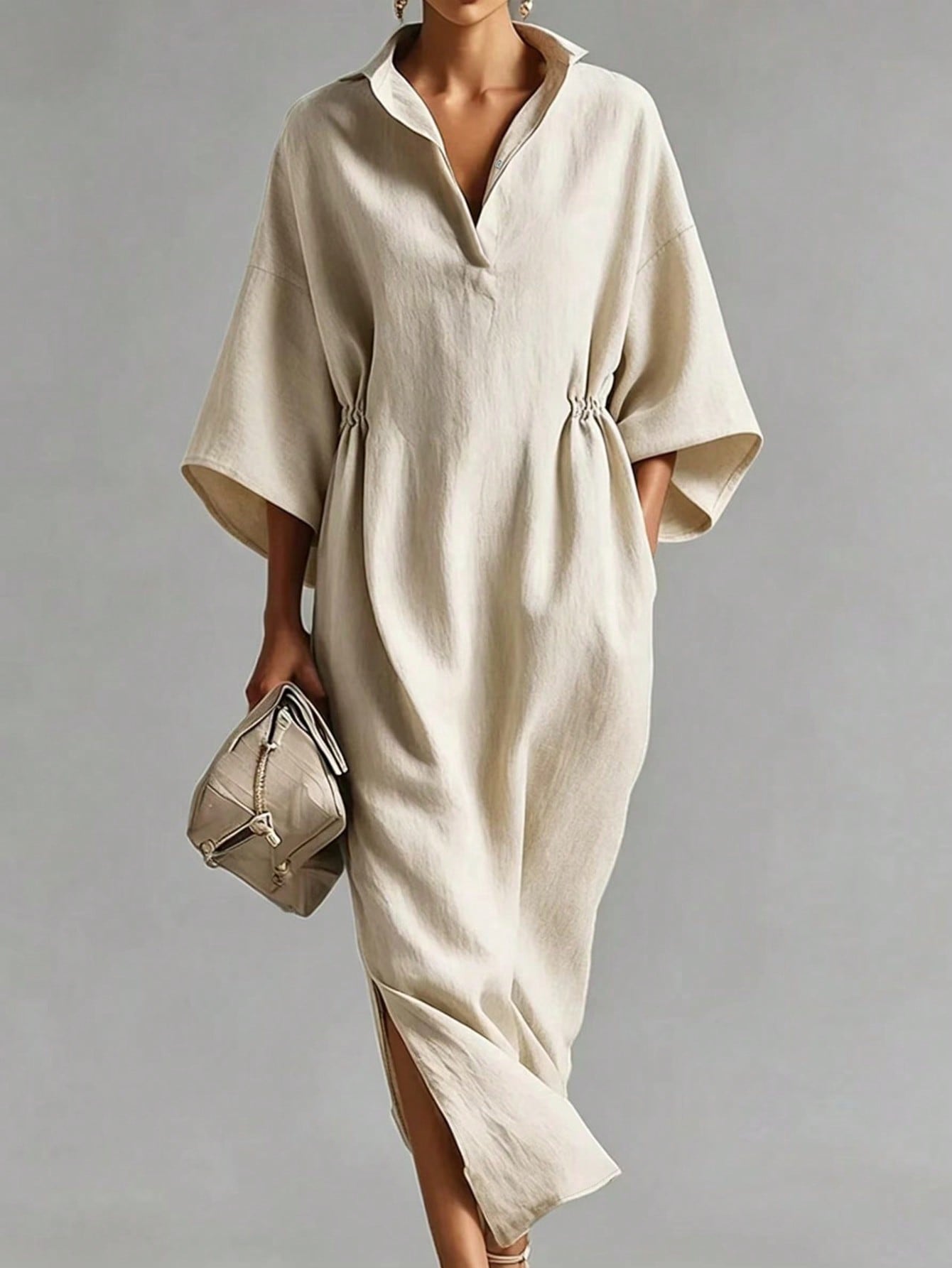 Breezaya Women's Linen Blend Lapel Half-Button Casual Versatile Slimming Tall-Looking Slit Slouchy Dress, Flattering Commute Date Vacation Vibe Long Dress