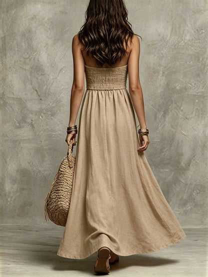 Breezaya Women's Summer Dress, Criss-Cross Halter Neck Sleeveless Dress, Solid Khaki Long Dress, Khaki Dress, Women's Formal Dress, Women's Elegant Dress, Women's Casual Dress, Women's Vacation Outfit