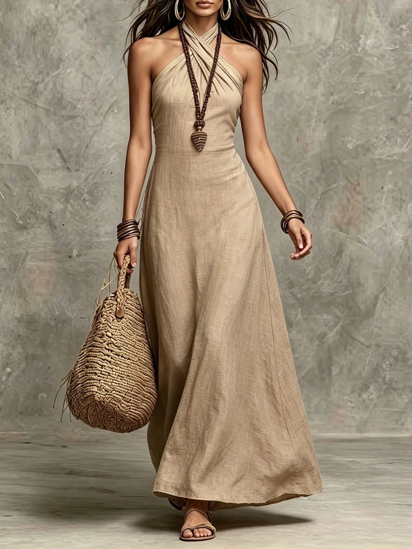 Breezaya Women's Summer Dress, Criss-Cross Halter Neck Sleeveless Dress, Solid Khaki Long Dress, Khaki Dress, Women's Formal Dress, Women's Elegant Dress, Women's Casual Dress, Women's Vacation Outfit