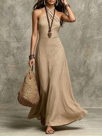 Breezaya Women's Summer Dress, Criss-Cross Halter Neck Sleeveless Dress, Solid Khaki Long Dress, Khaki Dress, Women's Formal Dress, Women's Elegant Dress, Women's Casual Dress, Women's Vacation Outfit