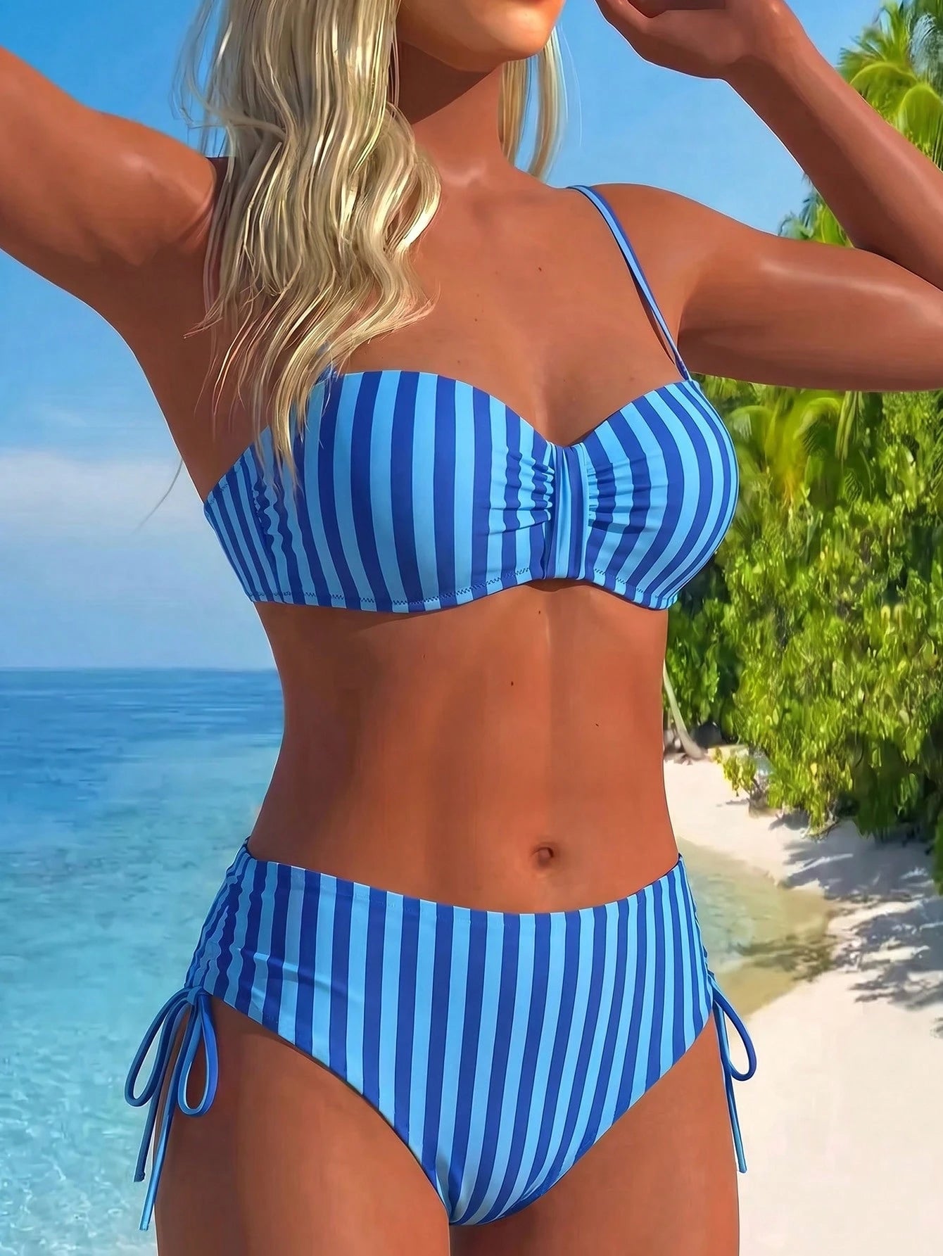 Breezaya Women's Summer Vacation Beach Sexy Rose Red & White Striped Print Push-Up Underwire Solid Color Spaghetti Strap Ruched Bandeau Bikini Top With High Waist Side Drawstring Bikini Bottoms Bikini